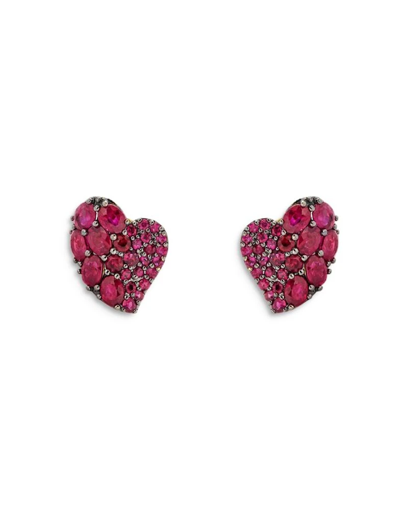 18K Yellow Gold Small Wave Heart Earrings with Rubies