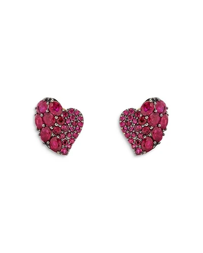 18K Yellow Gold Small Wave Heart Earrings with Rubies