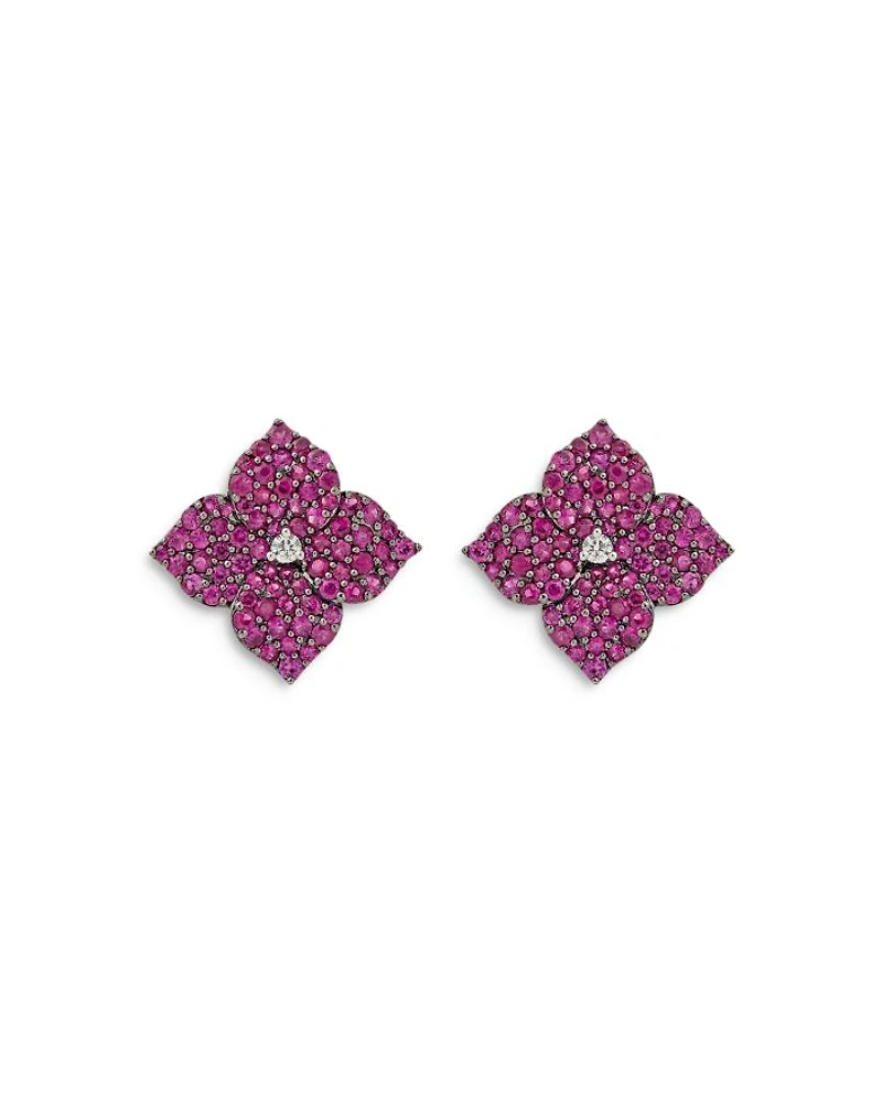 18K Rose Gold Fiore Pink Sapphire & Diamond Pavé Flower Large Stud Earrings