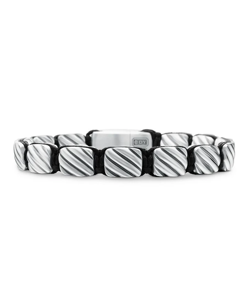 Men's Sculpted Cable Woven Tile Bracelet with Sterling Silver and Black Nylon, 8.5mm