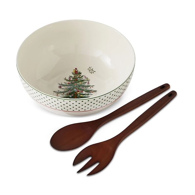 Spode Christmas Tree Polka Dot 10 Serving Bowl & Wooden Servers