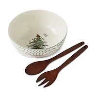Spode Christmas Tree Polka Dot 10 Serving Bowl & Wooden Servers