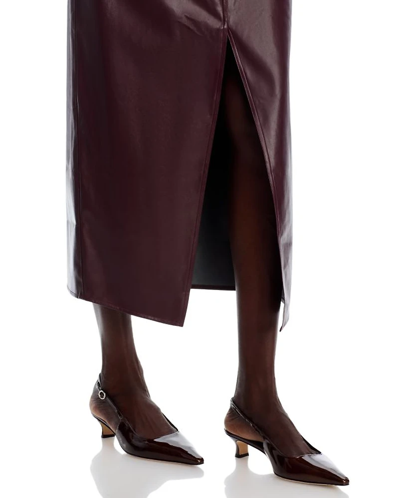 Faux Leather Front Slit Midi Skirt
