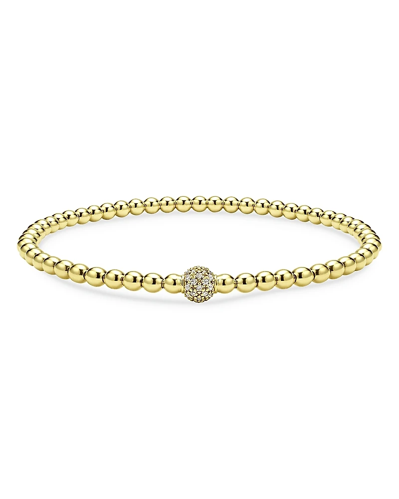 Lagos 18K Yellow Gold Caviar Diamond Pave Ball Stretch Bracelet
