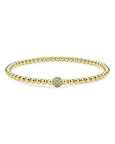Lagos 18K Yellow Gold Caviar Diamond Pave Ball Stretch Bracelet