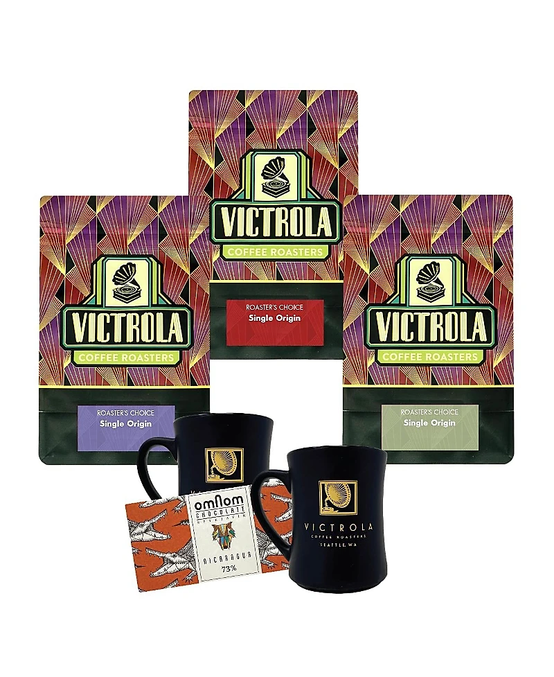 GoCoffeeGo - Victrola Triple Single Origin Gift Bundle - Triple Revolving Single Origin Roaster's Choice, 1 Chocolate Bar & 2 logo mugs 10oz each