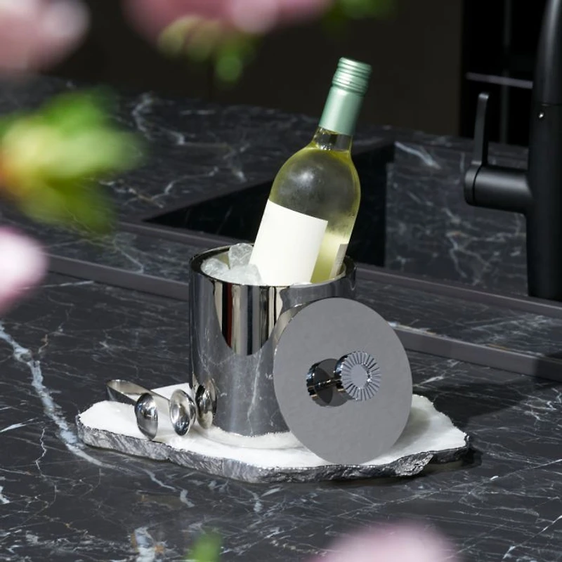 Striations Ice Bucket & Tongs, Silver Tone