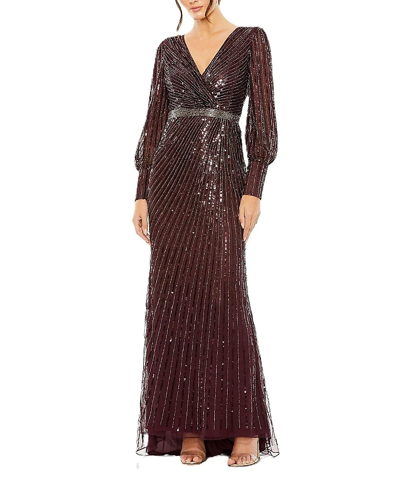 Mac Duggal Sequined Wrap Over Bishop Sleeve Gown