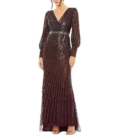 Mac Duggal Sequined Wrap Over Bishop Sleeve Gown