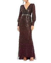 Mac Duggal Sequined Wrap Over Bishop Sleeve Gown