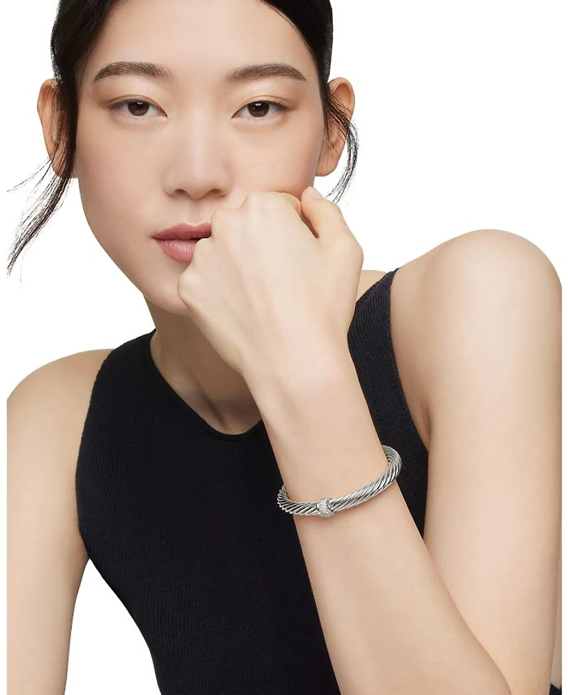 Classic Cable Station Bracelet Sterling Silver with Pavé Diamonds, 7mm