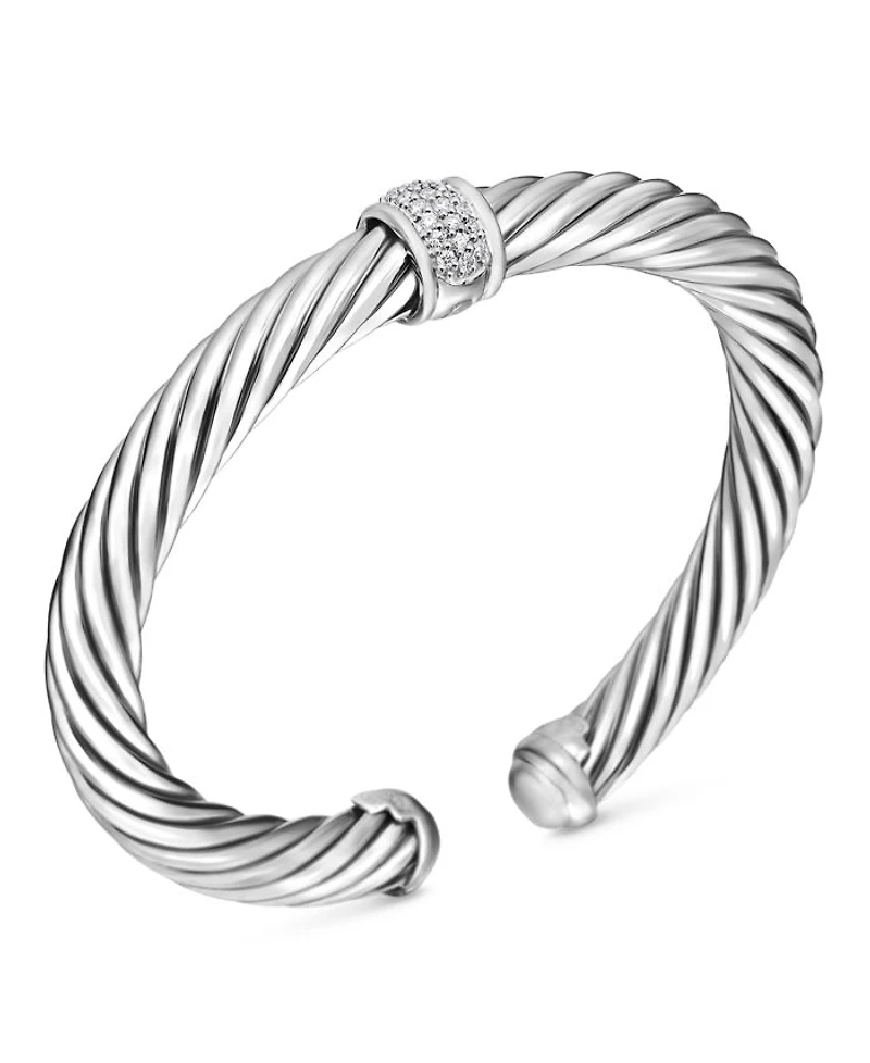 Classic Cable Station Bracelet Sterling Silver with Pavé Diamonds, 7mm
