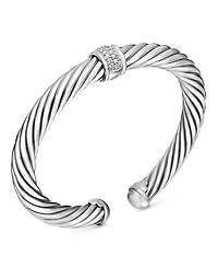 Classic Cable Station Bracelet Sterling Silver with Pavé Diamonds, 7mm