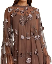 Embellished Long Flare Sleeve Mesh A-Line Dress