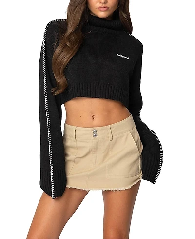 Edikted Embroidered Edge Cropped Turtle Neck Sweater