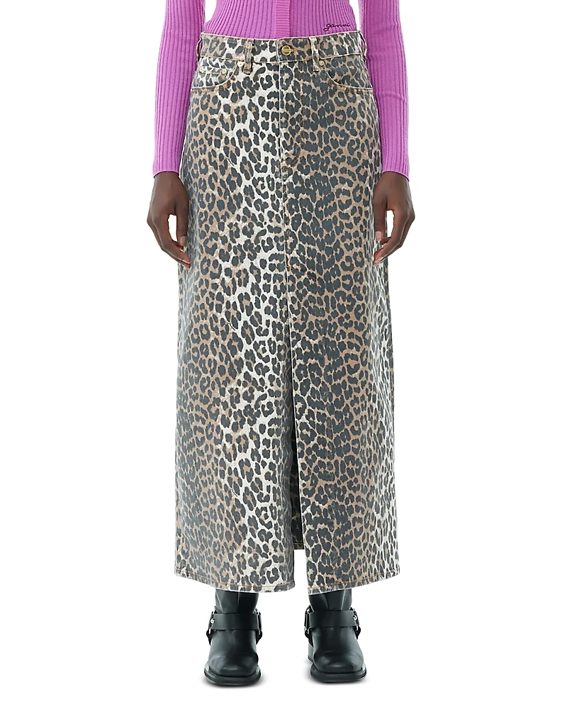 Ganni Leopard Print Denim Maxi Skirt