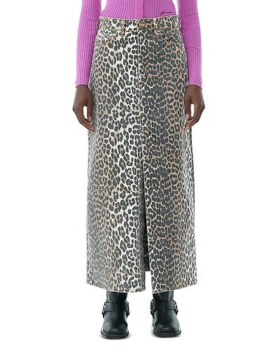 Ganni Leopard Print Denim Maxi Skirt