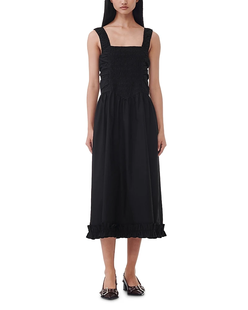 Ganni Black Cotton Poplin Midi Strap Smock Dress