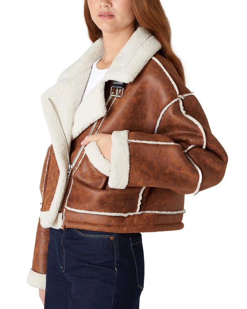 Faux Leather Sherpa Trim Drawstring Jacket