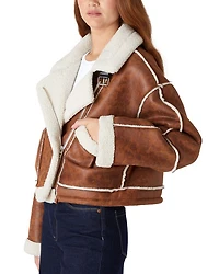 Faux Leather Sherpa Trim Drawstring Jacket
