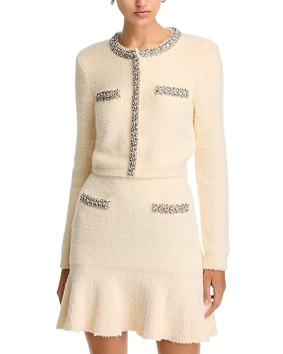 Self-Portrait Cream Rhinestone Trim Knit Cardigan