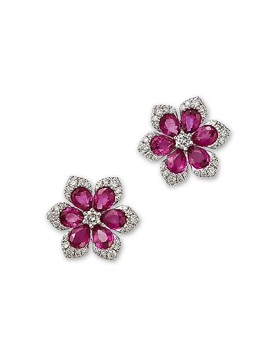 Bloomingdale's Fine Collection Ruby & Diamond Flower Stud Earrings 14K White Gold
