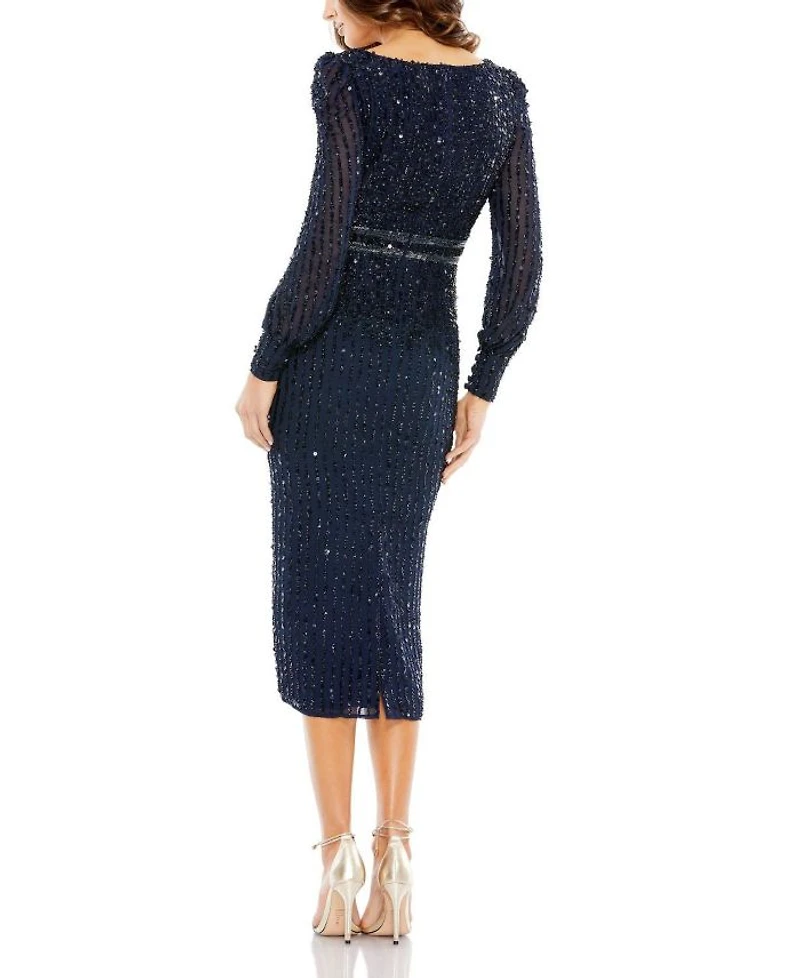 Sequined V Neck Bishop Sleeve Dress