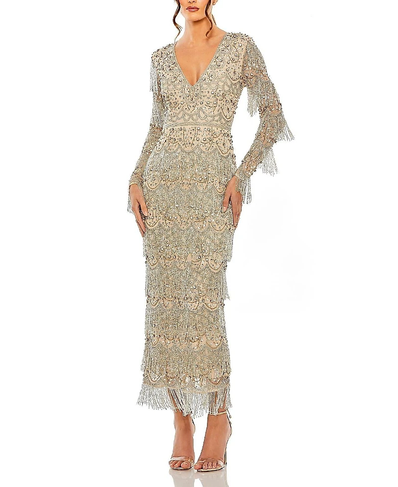 Mac Duggal V Neck Beaded Fringe Embellished Dress