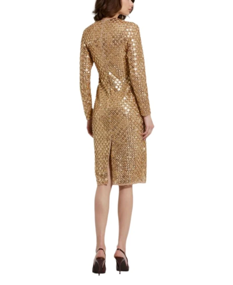 Beaded Georgette Long Sleeve Fitted Midi Dress
