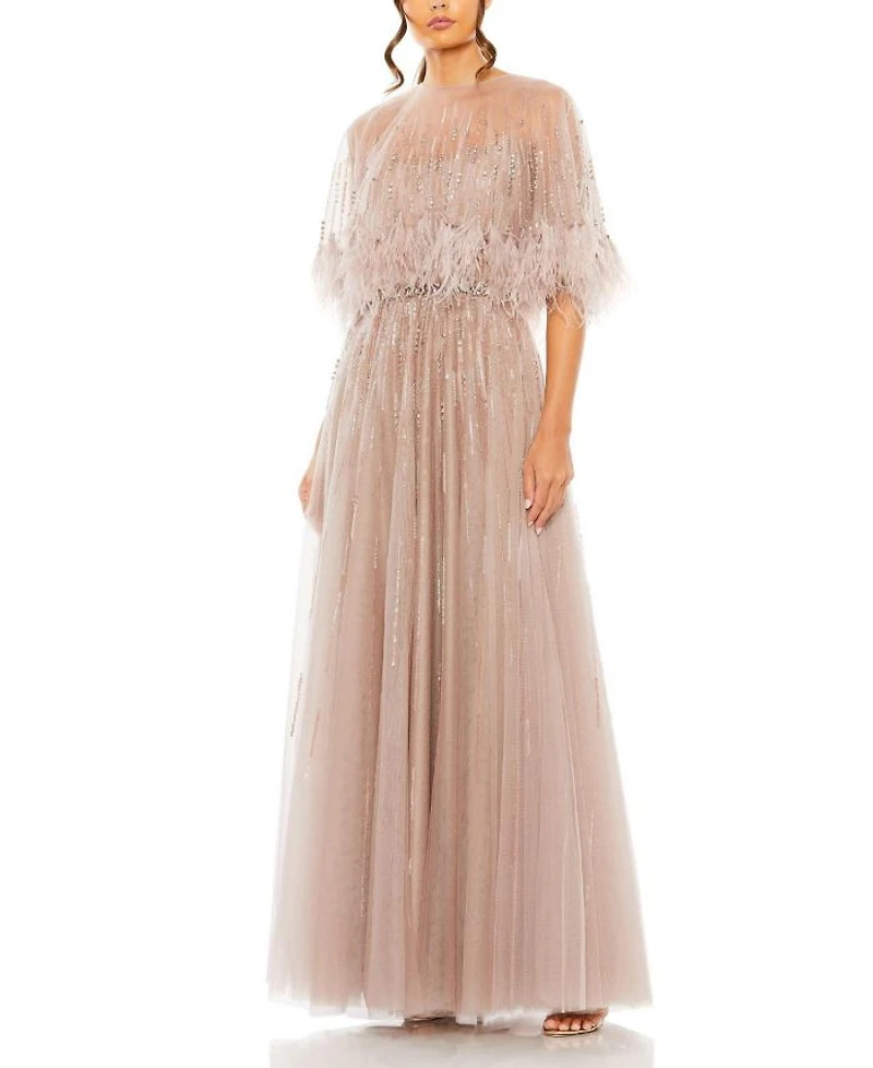 Embellished A Line Dress with Feather Detail Cape