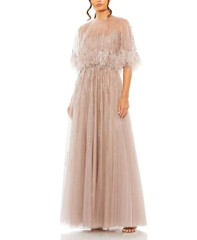 Embellished A Line Dress with Feather Detail Cape