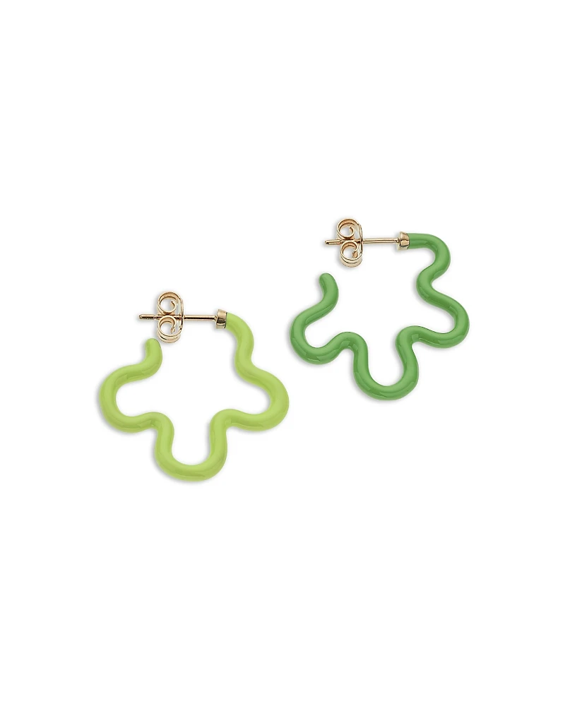 Bea Bongiasca 9K Yellow Gold Flower Funk Lime & Dark Green Open Flower Mismatch Huggie Hoop Earrings