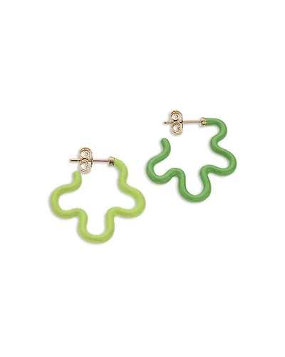 Bea Bongiasca 9K Yellow Gold Flower Funk Lime & Dark Green Open Flower Mismatch Huggie Hoop Earrings