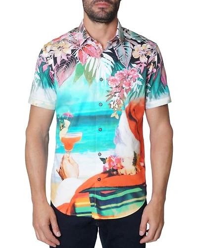 Beach Santa Cotton Printed Classic Fit Button Down Shirt