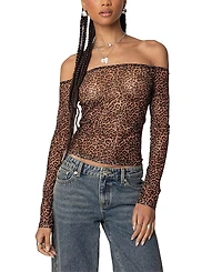 Edikted Leopard Sheer Mesh Off Shoulder Top