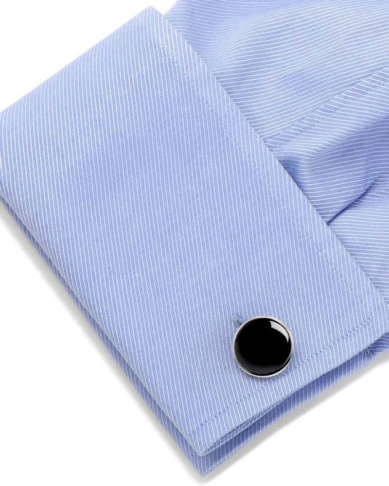 Onyx Inlay Silver Plated Round Stud & Cufflink Set