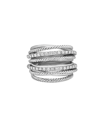 David Yurman Sterling Silver Crossover Wide Ring with Diamonds