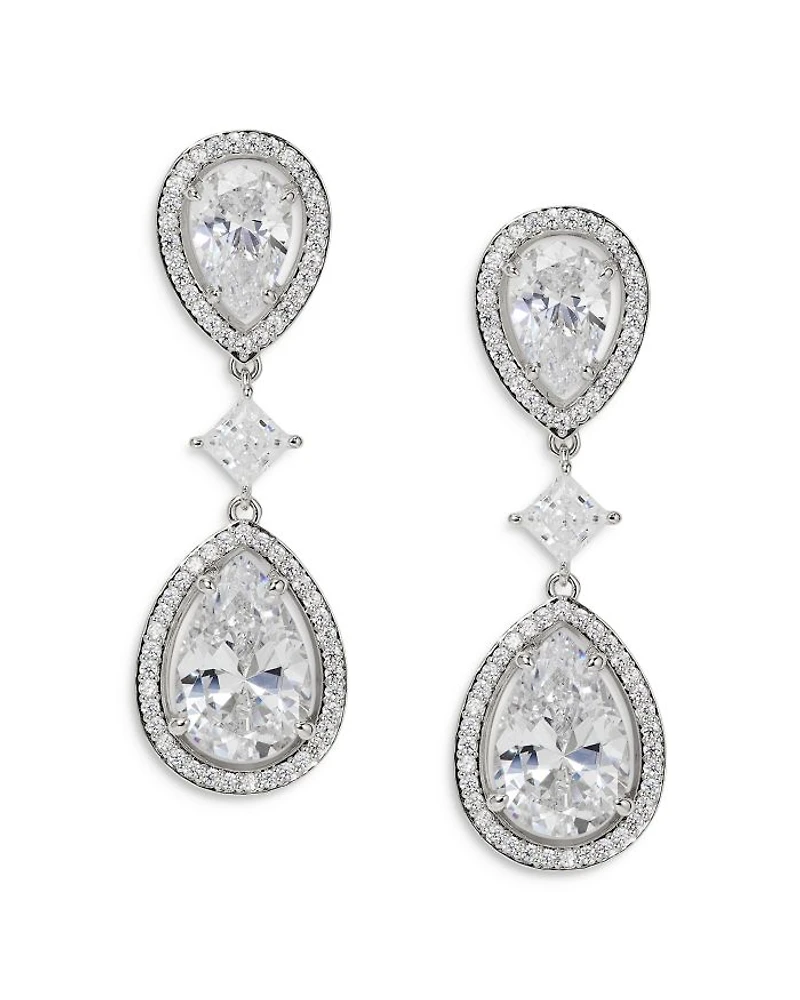 Radiant Cubic Zirconia Halo Double Drop Earrings in Rhodium Plated