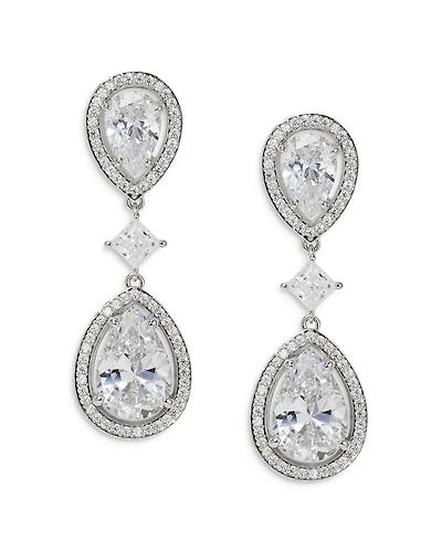 Radiant Cubic Zirconia Halo Double Drop Earrings in Rhodium Plated