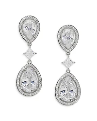 Radiant Cubic Zirconia Halo Double Drop Earrings in Rhodium Plated