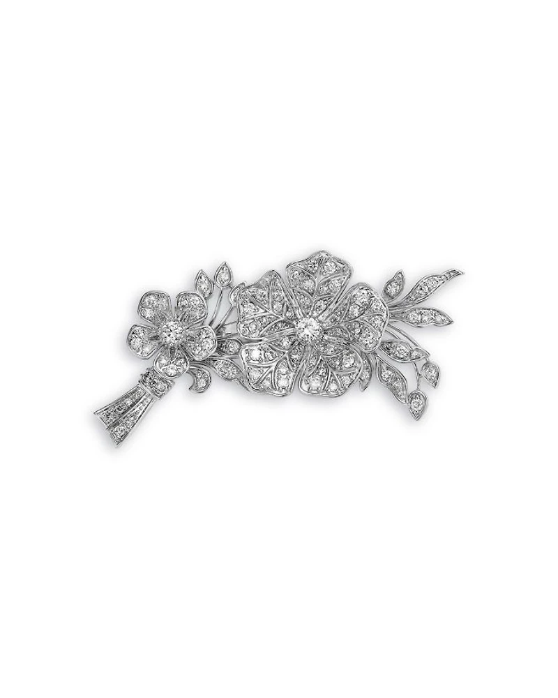 Diamond Flower & Vine Brooch in 14K White Gold, 1.00 tcw
