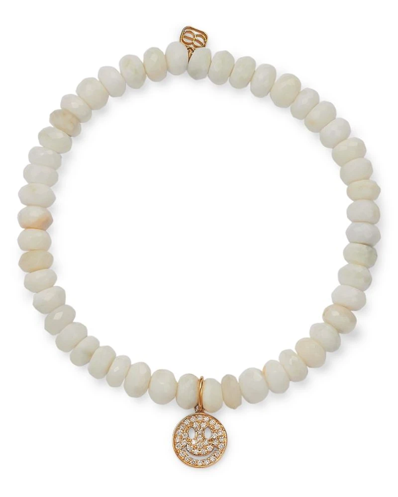Diamond Pavé Happy Face Charm White Opal Beaded Bracelet