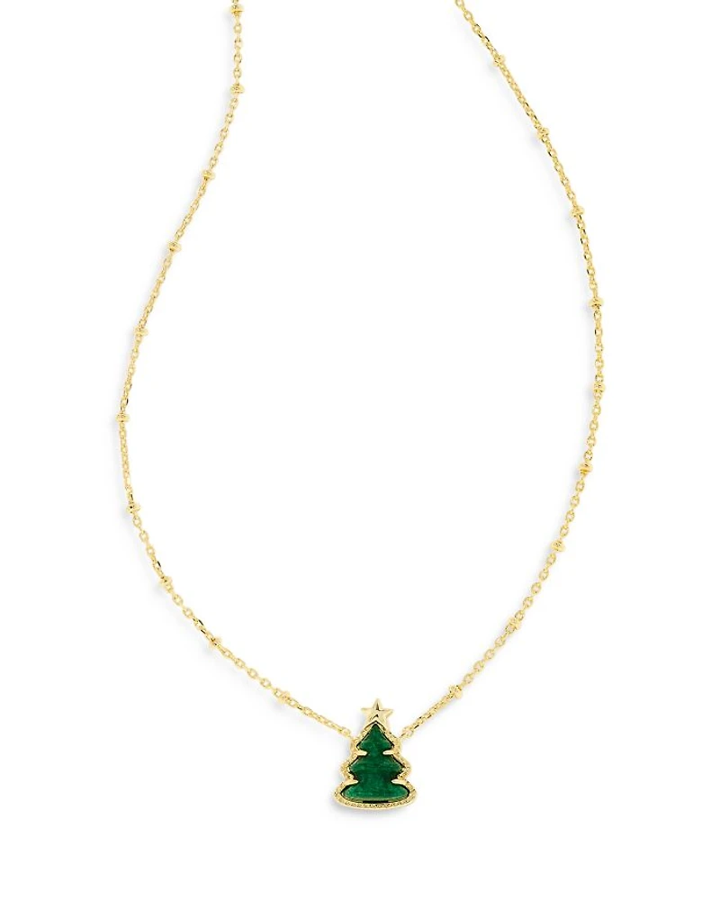 Green Quartzite Holiday Tree Adjustable Pendant Necklace in 14K Gold Plated, 14"-18"