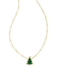 Green Quartzite Holiday Tree Adjustable Pendant Necklace in 14K Gold Plated, 14"-18"