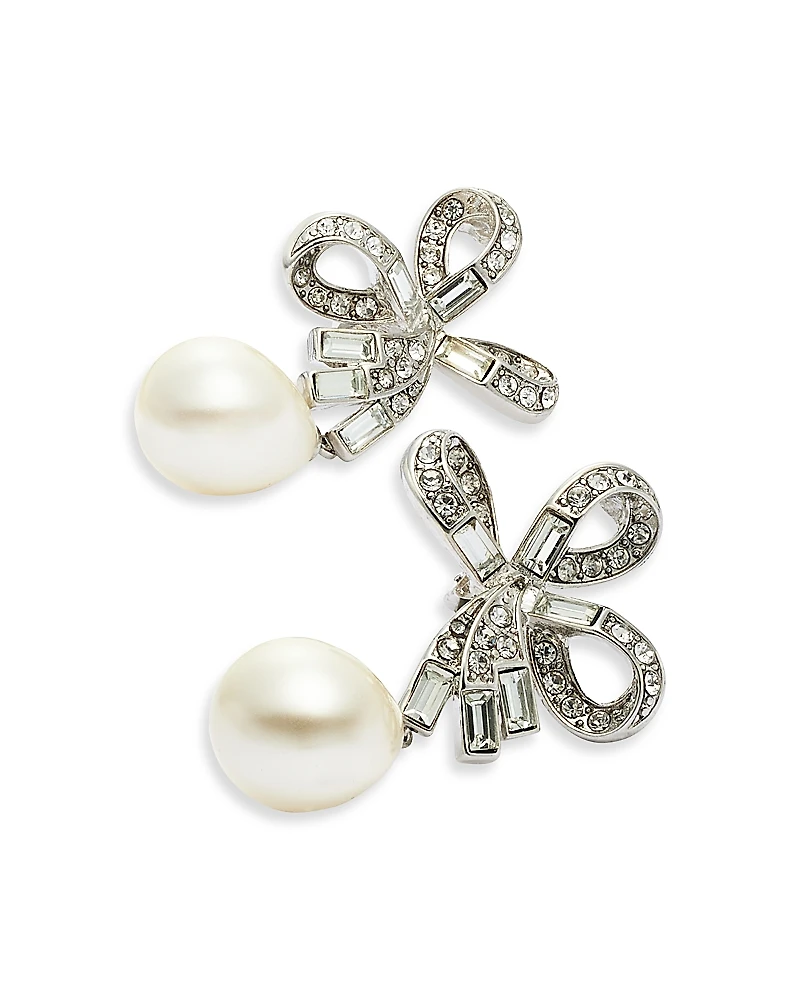 Kenneth Jay Lane Imitation Pearl & Pave Bow Drop Earrings