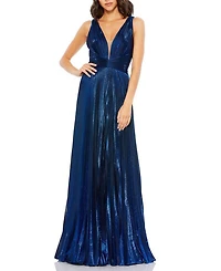 Plunge Neck Pleated Metallic Gown