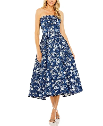 Mac Duggal Strapless Brocade Midi Dress