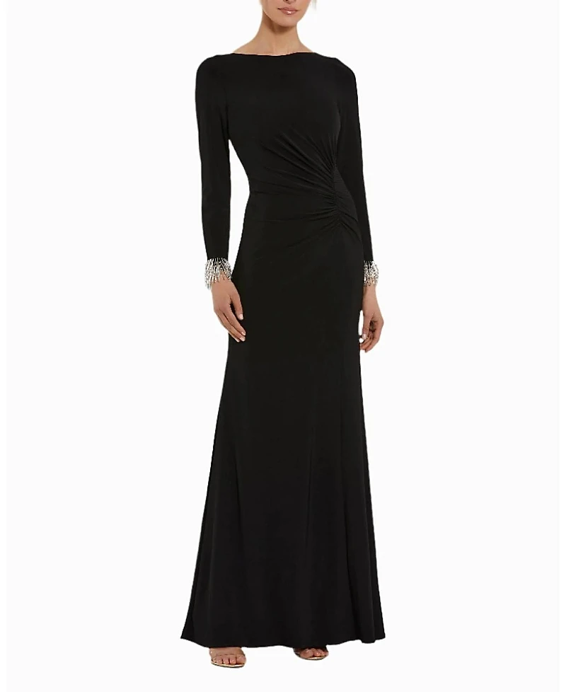 Mac Duggal Long Sleeve Jersey Gown With Beaded Cuff Sleeves