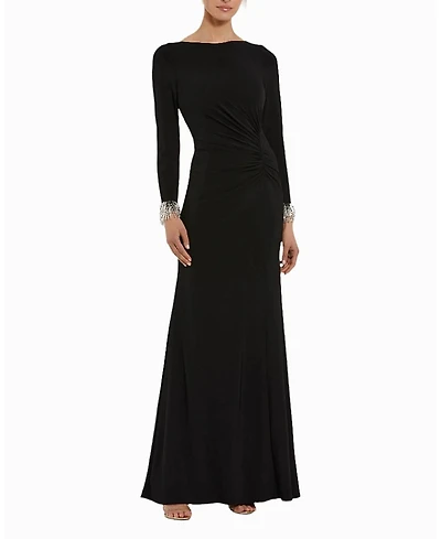 Mac Duggal Long Sleeve Jersey Gown With Beaded Cuff Sleeves