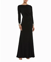 Mac Duggal Long Sleeve Jersey Gown With Beaded Cuff Sleeves